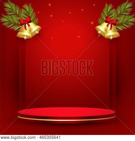 Merry Christmas Red Backgorund With 3d Podium And Jingle Design Vector