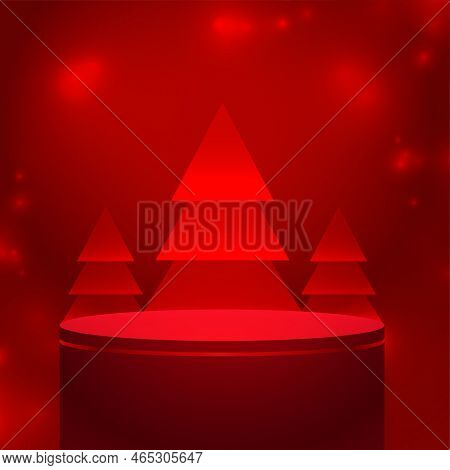 3d Podium Design With Xmas Tree On Red Background For Merry Christmas Vector