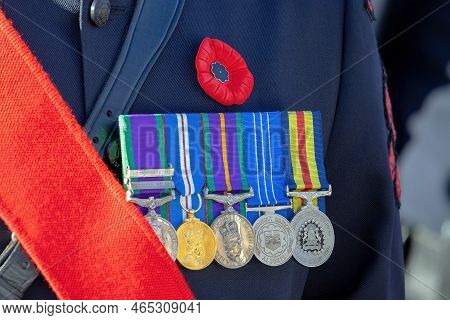 Nov 11, 2022. Calgary, Alberta, Canada. A Close Up To A Member Of The Canadian Armed Forces Wearing 