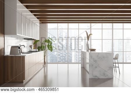 Side View On Bright Kitchen Room Interior With Panoramic Window, Island With Barstools, White Marble