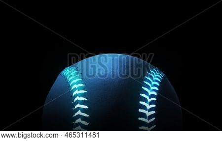3d Rendering Of Single Black Baseball Ball With Bright Blue Glowing Neon Lines