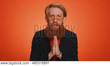 Please, God Help. Sad Worried Man Praying, Looking Upward, Making Wish Asking With Hopeful Imploring