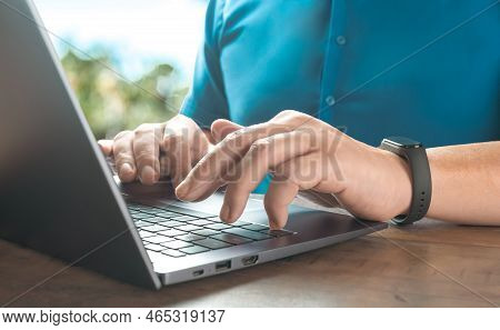 Close Up Of Person Hand Typing On Laptop Keyboard, Author Writing On Notebook Computer, Businessman 