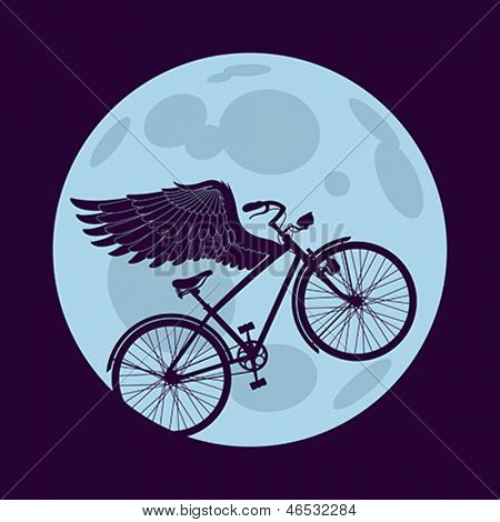 Cruiser Fahrrad fliegt mit Flügeln über den Kreis des Mondes. Bearbeitbare geschichteten Vektor.