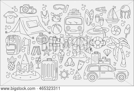 Summer Line Icons. Beach Vacation. Hand Drawn Sea Rest. Travel Party. Tropical Sun Or Water. Camping