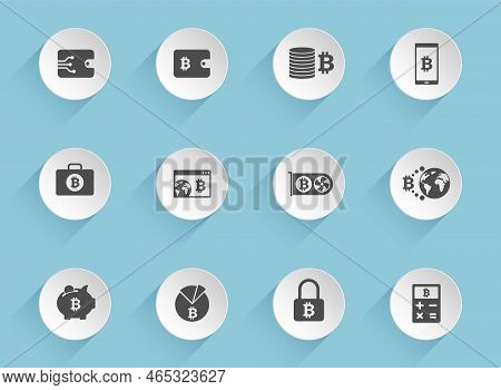Bitcoin Vector Icons On Round Puffy Paper Circles With Transparent Shadows On Blue Background. Crypt