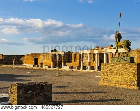 Forum Of The Ancient City Of Pompeii And Centaur Statue Of Polish Sculptor Igor Mitoraj, Naples, Ita