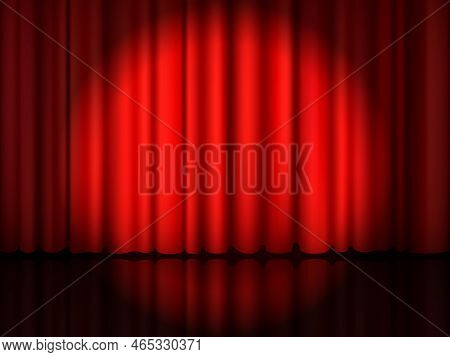 Red Closed Curtains. Theatre Stage. Concert Show Or Theater Scene. Opera Backdrop. Spotlight Illumin