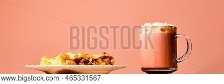 Tasty Apple Strudel On Plate With Cocoa Drink In Glass