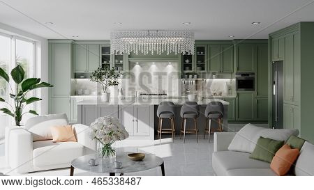 Green Kitchen Interior With Furniture And A Large Island. Wooden Kitchen With Indoor Plants. Cozy Ho