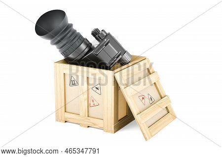 Night Vision Monocular Inside Wooden Box, Delivery Concept. 3d Rendering Isolated On White Backgroun