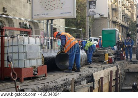 Bucharest, Romania - November 10, 2022: Construction Site In The Road For Workers To Repair A Radet 