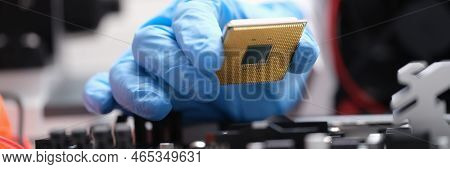 Technician Put Processor On Computer Motherboard Socket. Maintenance Of Computer Equipment Concept