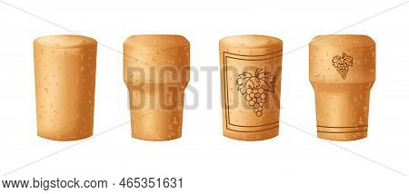 Set Cork Stopper Wooden Taps. Wine Bung In Cartoon. Corkwood Plug With Grape Bunch. Vector Illustrat