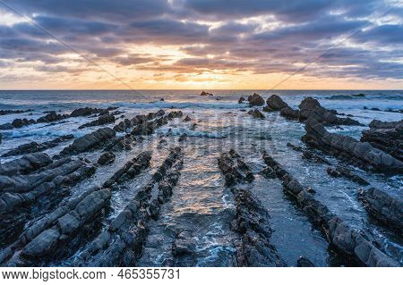 Beautiful Aerial Drone Landscape Sunset Image Of Welcombe Mouth Beach In Devon England
