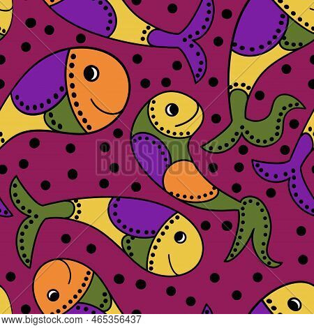 Hand Drawn Seamless Indian Ethnic Pattern With Gond Art Motifs, Orange Red Marsala Fish. Traitional 