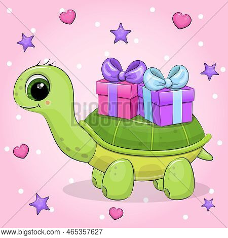 Cute Cartoon Turtle With Gifts. Vector Illustration Of A Turtle On A Pink Background With Hearts And
