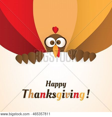 Minimalist Colorful Happy Thanksgiving Card With Large Turkey Bird Looking With Rolling Eyes - Vecto