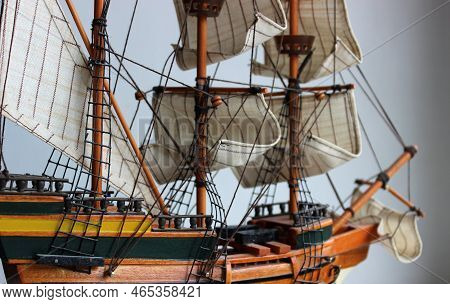Deck Of A Toy Wooden Sailboat With Fabric Sails And Thread Ropes Detailed Stock Photo