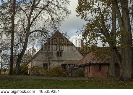 Beautiful Autumn Park With Fall Color Foliage Bright Autumn. Latvia. Autumn Park Trees And Fallen Lu