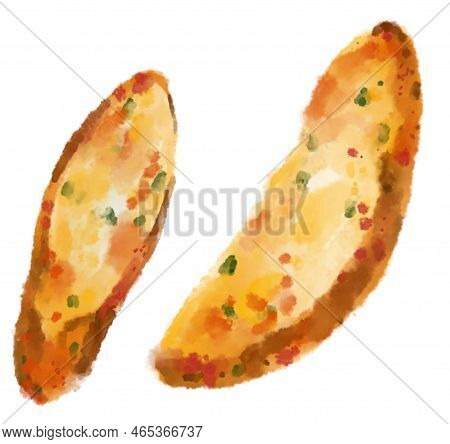 Fries Potato Wedge Thick Cut Deep Fried Patatoes Watercolor Painting Illustration Art