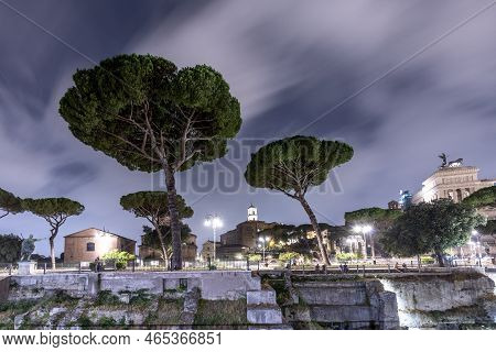 Rome, Italy - August 4, 2021: Night View Of The Roman Forum With Archaeolocial Site In Rome, Italy
