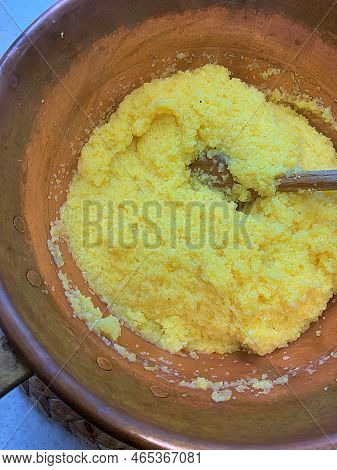 Cooking Corn Porridge, Mamałyga, Copper Pot For Cooking Poles, Yellow Corn Porridge, Preparing Poles
