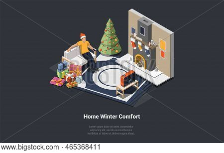Christmas Home Atmosphere. Xmas Celebration, Cozy Atmosphere, Fireplace With Christmas Stockings. Bo