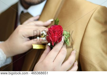 Someone Is Pinning Red Rose Flower With Both Hand On A Man With A Golden Suit. Wedding And Special O