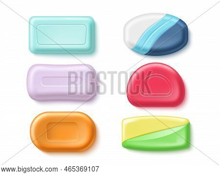 Realistic Soap Bars. 3d Isolated Toiletries, Antibacterial Body Wash Pieces Different Forms And Colo