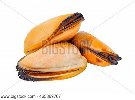Mussels, Cooked Meat, Three Pieces, Isolated On White Background With Clipping Path