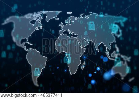 Global Network Security Concept With Digital World Map Covered By Lock Icons On Dark Background. 3d 