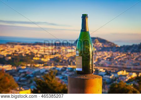 San Francisco, United States - January 25 2013: A Champagne Bottle Looks Over San Francisco Taken On