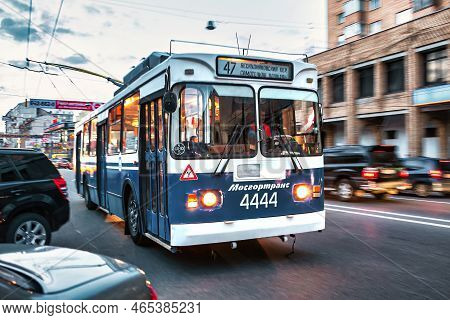 Moscow, Russia - September 10 2010 : A Soviet Era Classic Public Trolley Bus On The Busy Streets Of 