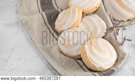 Portuguese Sweets Cavacas On Napkin In A Table. Typical Cookies With Sugar