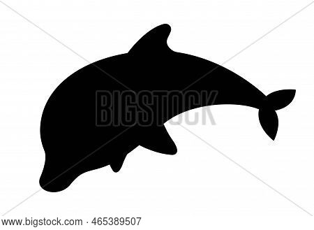 Dark Silhouette Of Dolphin. Sea Animal In Minimalistic Style, Representative Of Underwater World Con