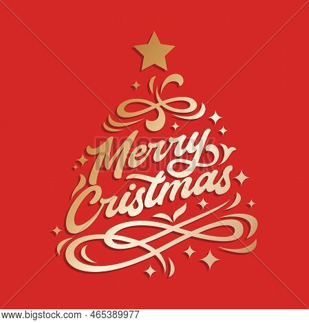 greeting card with christmas tree, merry christmas tree calligraphy, merry christmas stars and lettering isolated on red background, lettering merry christmas vector.