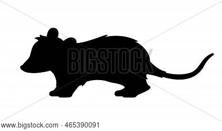 Dark Silhouette Of Opossum. Shadow Of Wild Animal, Nature And Biology. Graphic Element For Printing 