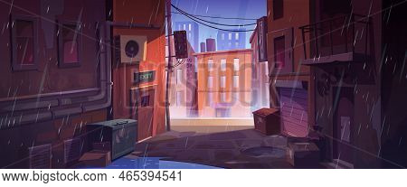 Rain At Dark City Corner, Dirty Nook Puddles, Back Exit Door, Litter Bins And Scatter Garbage, Narro
