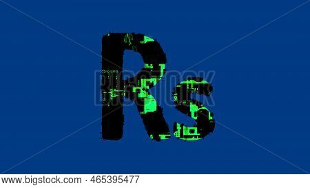 Rupee Symbol - High Tech Cyberpunk Black And Green Alphabet On Blue, Isolated - Object 3d Rendering