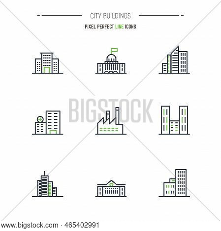 City Buildings Thin Line Pixel Perfect Vector Icon Set. Outline Symbols And Emblem Of Buildings, Hos