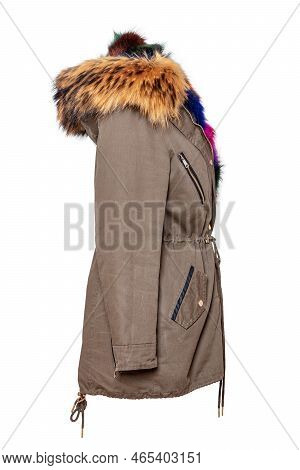 Ladies Luxurious And Stylish Elegant Designer Parka With Colorful Lined Fur On Mannequin Isolated On