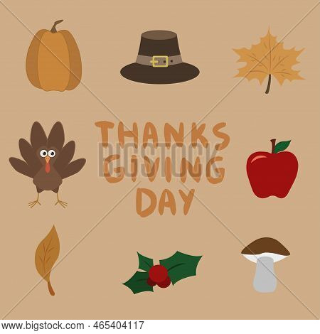 Icons Set Of Thanksgiving Day Elements. Vector Illustration For Cards, Posters, Flyers, Webs.