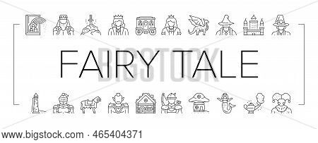 Fairy Tale Magical Story Book Icons Set Vector. Fairy Tale Witch And Goblin, Kingdom Castle Building