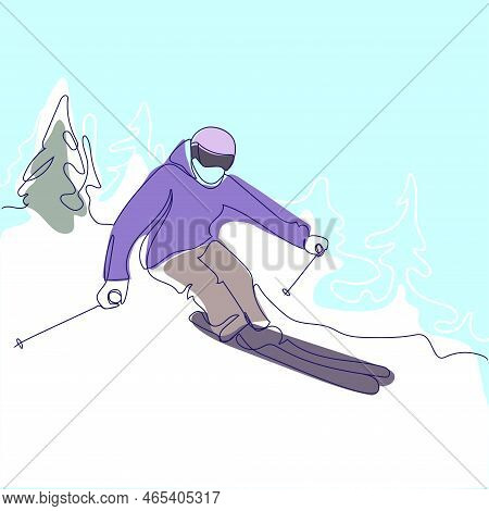 Skier Rides On Mountain Slope Abstract Modern Line Illustration Vector Poster.tourist Sport Concept.