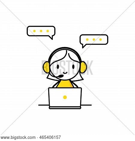 Woman With Headphones And Microphone With Laptop. Operator With Phone Call Or Chat To Assist Custome