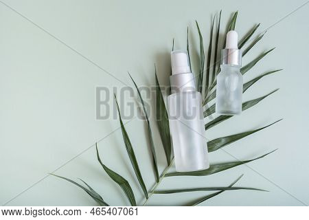 Two Cosmetic Bottles And Palm Leave Top View On Colored Background. Minimalistic Face Care Concept