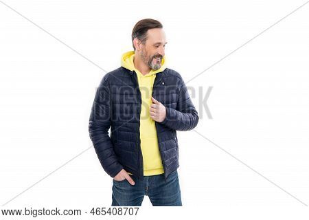 Glad Man Wear Warm Jacket In Studio. Autumn Jacket For Mature Man. Warm Jacket Of Mature Man.
