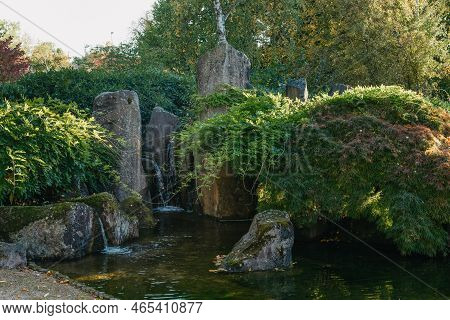 Scenic Japanese Style Gardens With A Waterfall In The Park Of Bietigheim-bissingen, Baden-wuerttembe