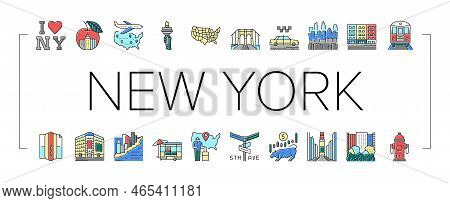 New York American City Landmarks Icons Set Vector. Square And 5th Avenue, Central Park And Broadway,